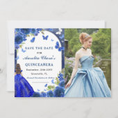 Blauw Zilver Roos Quinceanera Foto Save The Date (Voorkant)