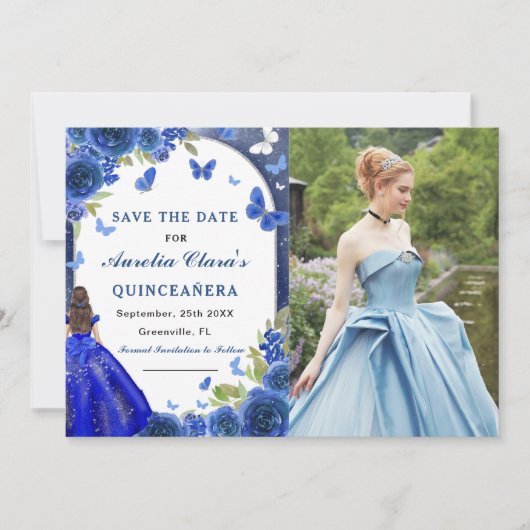 Blauw Zilver Roos Quinceanera Foto Save The Date (Voorkant)