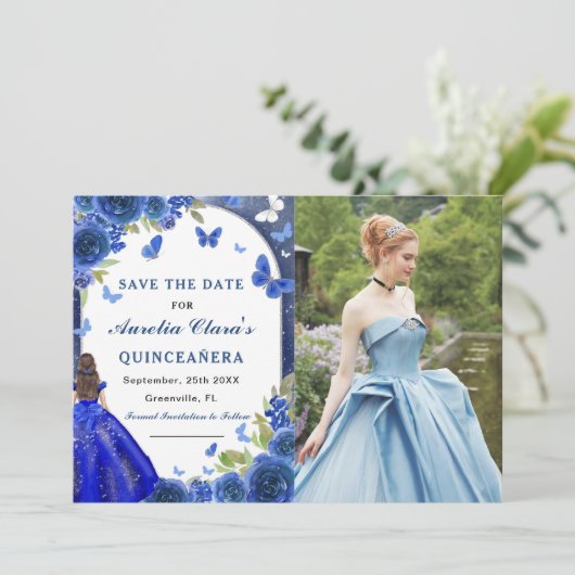 Blauw Zilver Roos Quinceanera Foto Save The Date (Staand voorkant)