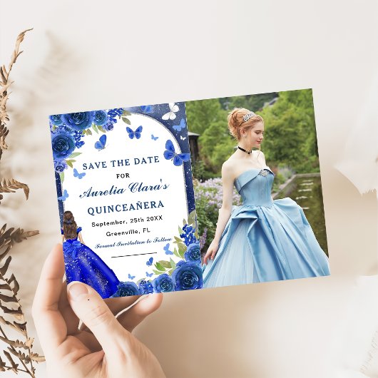 Blauw Zilver Roos Quinceanera Foto Save The Date