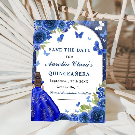 Blauw Zilver Roos Quinceanera Save The Date