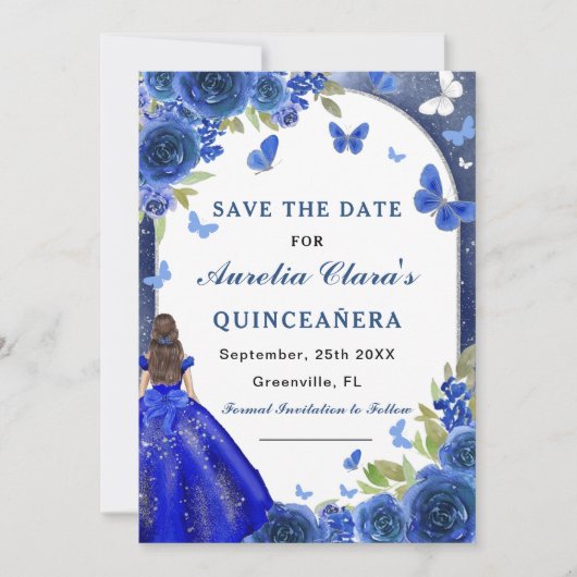 Blauw Zilver Roos Quinceanera Save The Date (Voorkant)