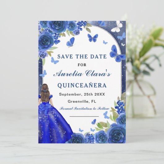 Blauw Zilver Roos Quinceanera Save The Date (Staand voorkant)