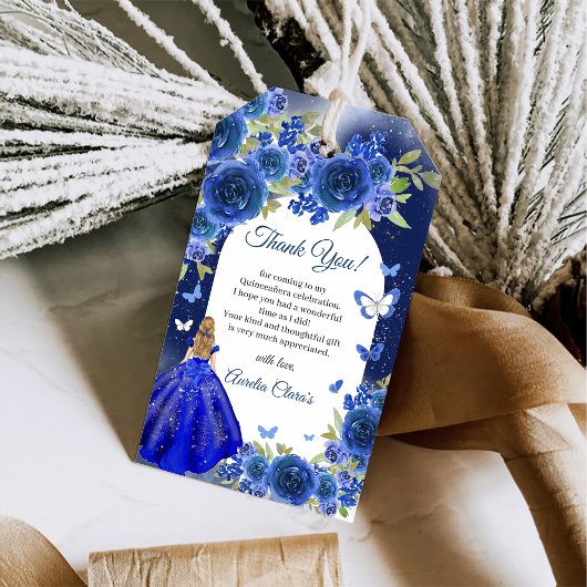 Blauw Zilver Roos Quinceanera Verjaardag Cadeaulabel