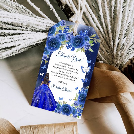 Blauw Zilver Roos Quinceanera Verjaardag Cadeaulabel