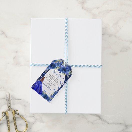 Blauw Zilver Roos Quinceanera Verjaardag Cadeaulabel (Met Touw)