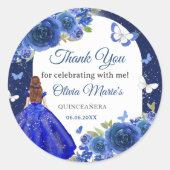 Blauw Zilver Roos Quinceanera Verjaardag Ronde Sticker (Voorkant)