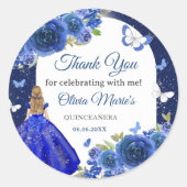 Blauw Zilver Roos Quinceanera Verjaardag Ronde Sticker (Voorkant)