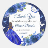 Blauw Zilver Roos Quinceanera Verjaardag Ronde Sticker (Voorkant)