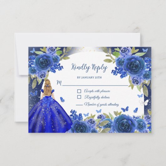 Blauw Zilver Roos Quinceanera Verjaardag RSVP Kaartje (Voorkant)