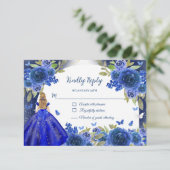 Blauw Zilver Roos Quinceanera Verjaardag RSVP Kaartje (Staand voorkant)