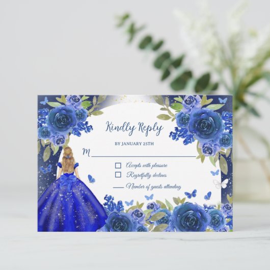 Blauw Zilver Roos Quinceanera Verjaardag RSVP Kaartje (Staand voorkant)