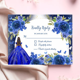 Blauw Zilver Roos Quinceanera Verjaardag RSVP Kaartje