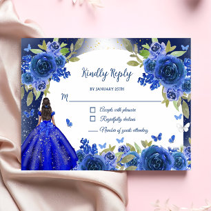 Blauw Zilver Roos Quinceanera Verjaardag RSVP Kaartje