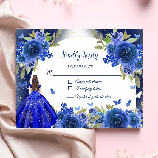 Blauw Zilver Roos Quinceanera Verjaardag RSVP Kaartje