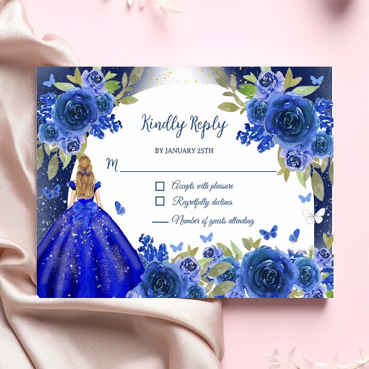 Blauw Zilver Roos Quinceanera Verjaardag RSVP Kaartje
