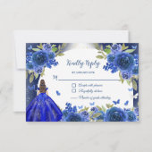 Blauw Zilver Roos Quinceanera Verjaardag RSVP Kaartje (Voorkant)