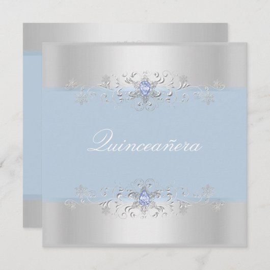 Blauw & Zilver Sneeuw Gem Quinceanera Uitnodigen Kaart (Voorkant / Achterkant)