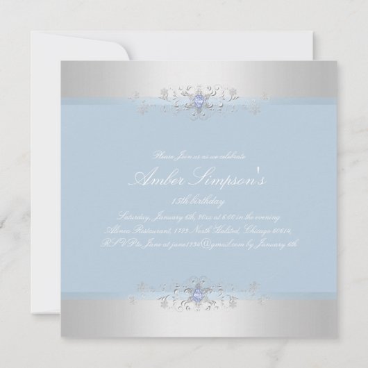 Blauw & Zilver Sneeuw Gem Quinceanera Uitnodigen Kaart (Achterkant)