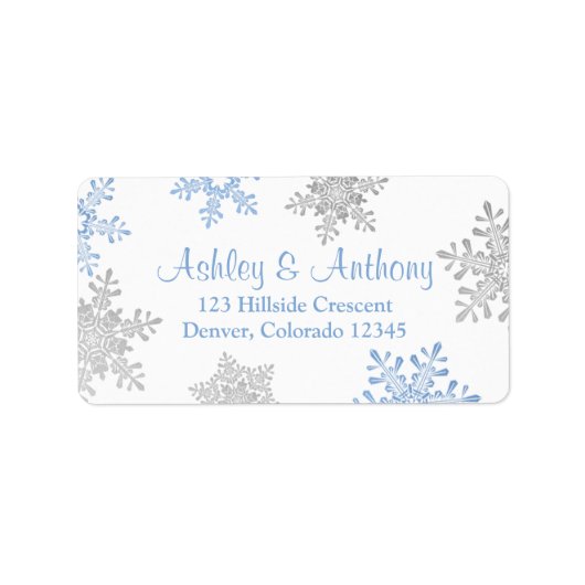 Blauw Zilver Sneeuwvlok Bruiloft Retouradres Etiket (Voorkant)