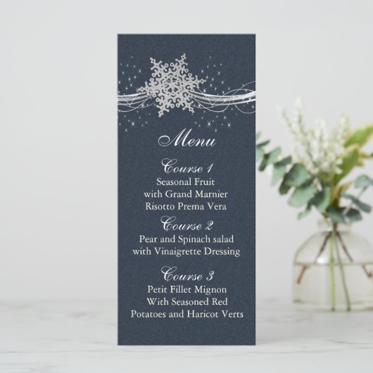Blauw Zilver Sneeuwvlokken Winter bruiloft menu ka (Staand voorkant)