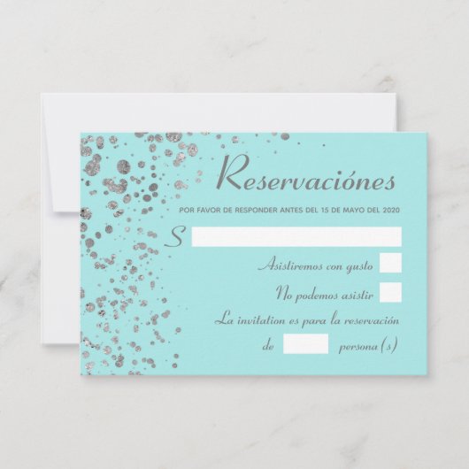 Blauw Zilver Spaans Reserveren, Quinceanera RSVP Kaart (Voorkant)