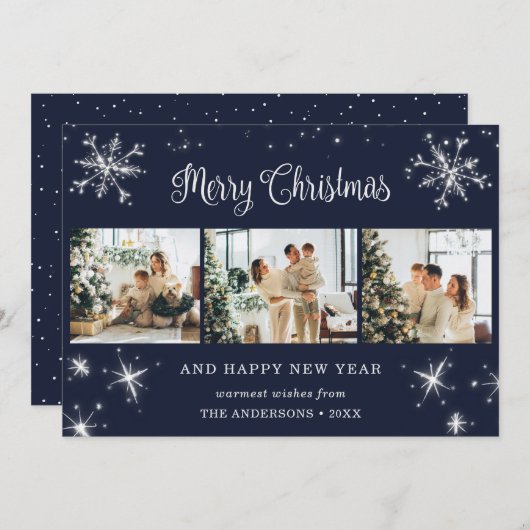 Blauw Zilver Sparkly Snowflake Fotocollage Feestdagenkaart (Voorkant / Achterkant)