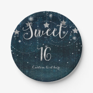 Blauw & Zilver Sterren Sweet 16 Whimsical Feest Papieren Bordje