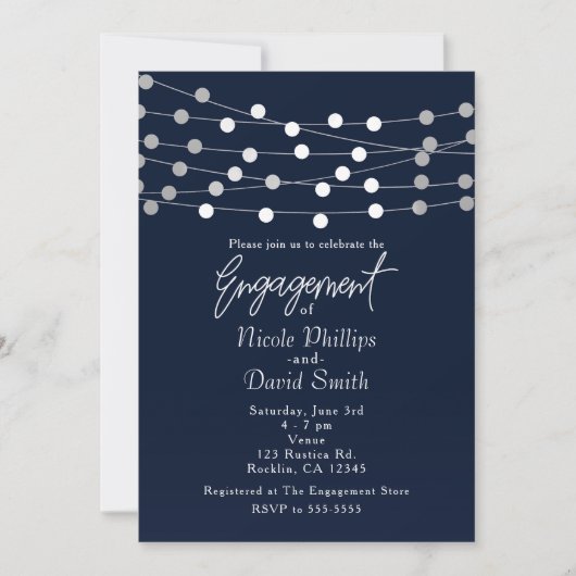 Blauw Zilver String Lights Modern Chique Verloving Kaart (Voorkant)