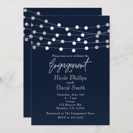 Blauw Zilver String Lights Modern Chique Verloving Kaart (Voorkant / Achterkant)