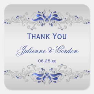  Blauw Zilver Swirls Vierkante Bruiloft Favor Sticker