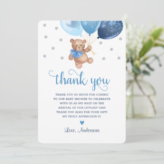 Blauw zilver teddybeer veel Baby shower Bedankkaart (Staand voorkant)