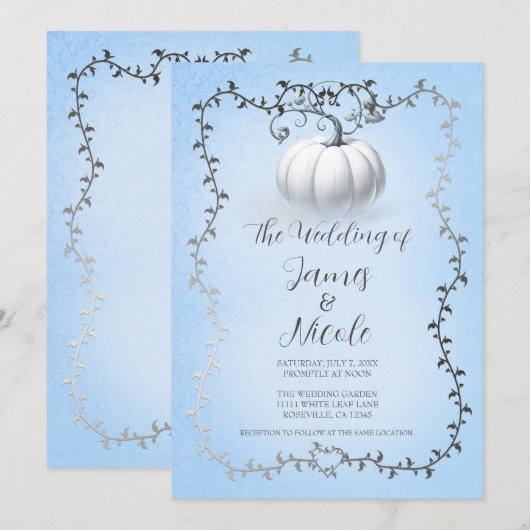 Blauw & Zilver Verhalenboek Wit Pompoen Bruiloft Kaart (Voorkant / Achterkant)
