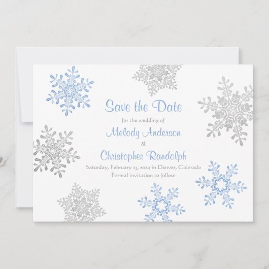 Blauw Zilver Winter Sneeuwvlok Bruiloft Save the D Date (Voorkant)