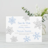 Blauw Zilver Winter Sneeuwvlok Bruiloft Save the D Save The Date (Staand voorkant)