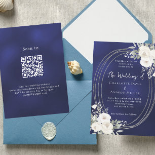 Blauw zilver wit bloemig trouw QR RSVP Kaart