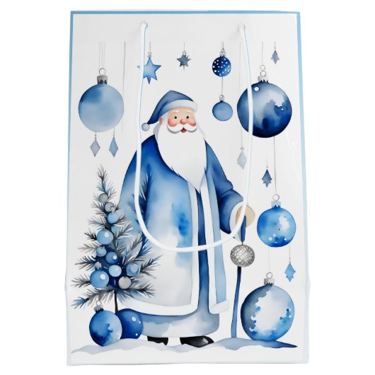 Blauw, Zilver & Wit Japandi Santa Medium Cadeauzakje (Achterkant)