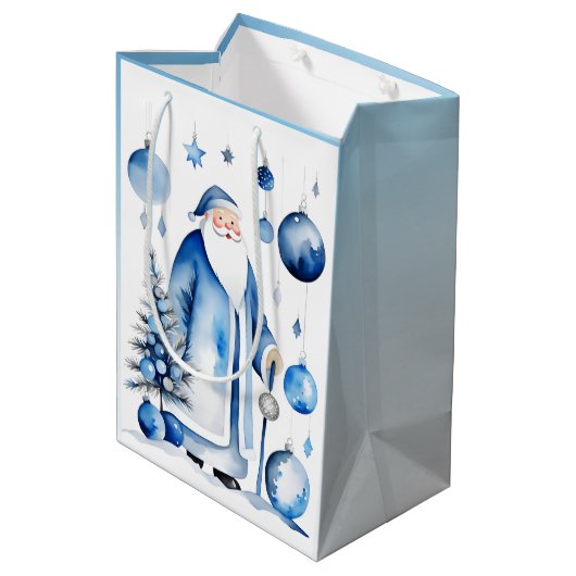 Blauw, Zilver & Wit Japandi Santa Medium Cadeauzakje (Achterkant Gekanteld)