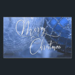 Blauw, Zilver & Wit Vrolijk Kerstfeest Groet Rechthoekige Sticker<br><div class="desc">Dit prachtige ontwerp is voorzien van een originele close-up foto met een cluster van kerstboom ornamenten. De foto is gekleurd voor een retro resultaat, met intense blauwe tinten. Reflecties van kaarslicht verschijnen in de ornamenten en op de houten tafel. Over de foto is een grafische overlay gemaakt van een uniek...</div>