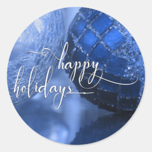Blauw, zilver & wit vrolijk kerstfeest ronde sticker