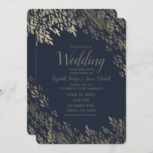 Blauw & Zilver Zilver Bladeren Chique Rustieke Bru Kaart (Voorkant / Achterkant)
