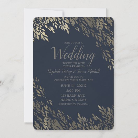 Blauw & Zilver Zilver Bladeren Chique Rustieke Bru Kaart (Voorkant)