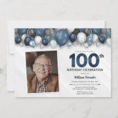 Blauw Zilver Zwart & Wit 100e Verjaardag Foto Kaart (Voorkant)