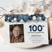 Blauw Zilver Zwart & Wit 100e Verjaardag Foto Kaart