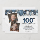Blauw Zilver Zwart & Wit 100ste Verjaardag 2 Foto Kaart (Voorkant)
