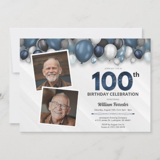 Blauw Zilver Zwart & Wit 100ste Verjaardag 2 Foto Kaart (Voorkant)
