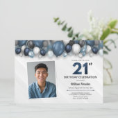 Blauw Zilver Zwart & Wit 21e Verjaardag Foto Kaart (Staand voorkant)