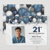 Blauw Zilver Zwart & Wit 21e Verjaardag Foto Kaart (Voorkant / Achterkant)