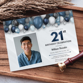 Blauw Zilver Zwart & Wit 21e Verjaardag Foto Kaart