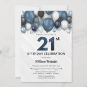 Blauw Zilver Zwart & Wit 21e Verjaardag Uitnodigin Kaart (Voorkant)